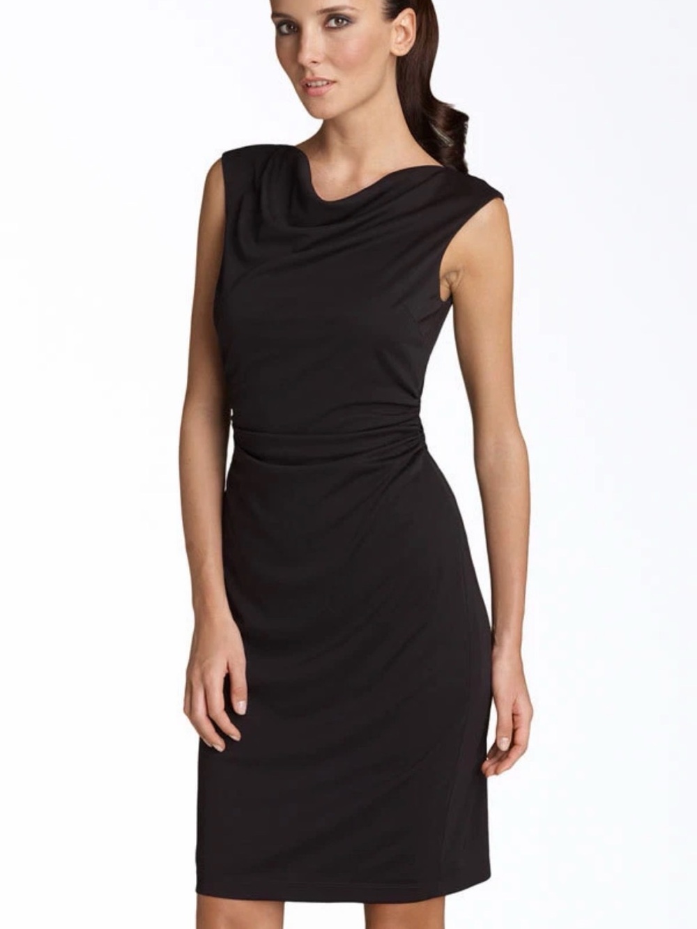 David Meister Women’s Black Cowl Neck Ruched Sheath Cocktail Dress Size Small